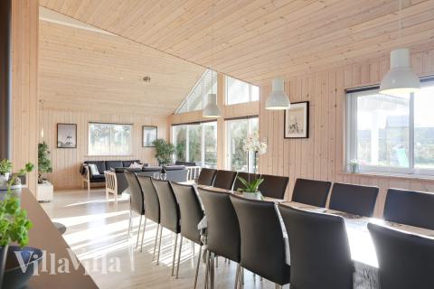 Det er god plass til at 18 personer sitter sammen i feriehusets oppholdsrom under et besøk i luksushus 272 i Lolland/Falster/Møn.