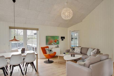 Det er god plass til at 24 personer sitter sammen i feriehusets oppholdsrom under et besøk i luksushus 342 i Vestjylland.