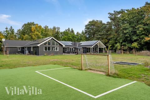 I det attraktive feriehuset nr. 438 i Nordsjælland finnes det mengder av utendørsaktiviteter, som leketårn og huskestativ.