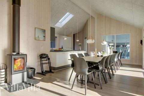 Det er god plass til at 18 personer sitter sammen i feriehusets oppholdsrom under et besøk i luksushus 435 i Nordsjælland.