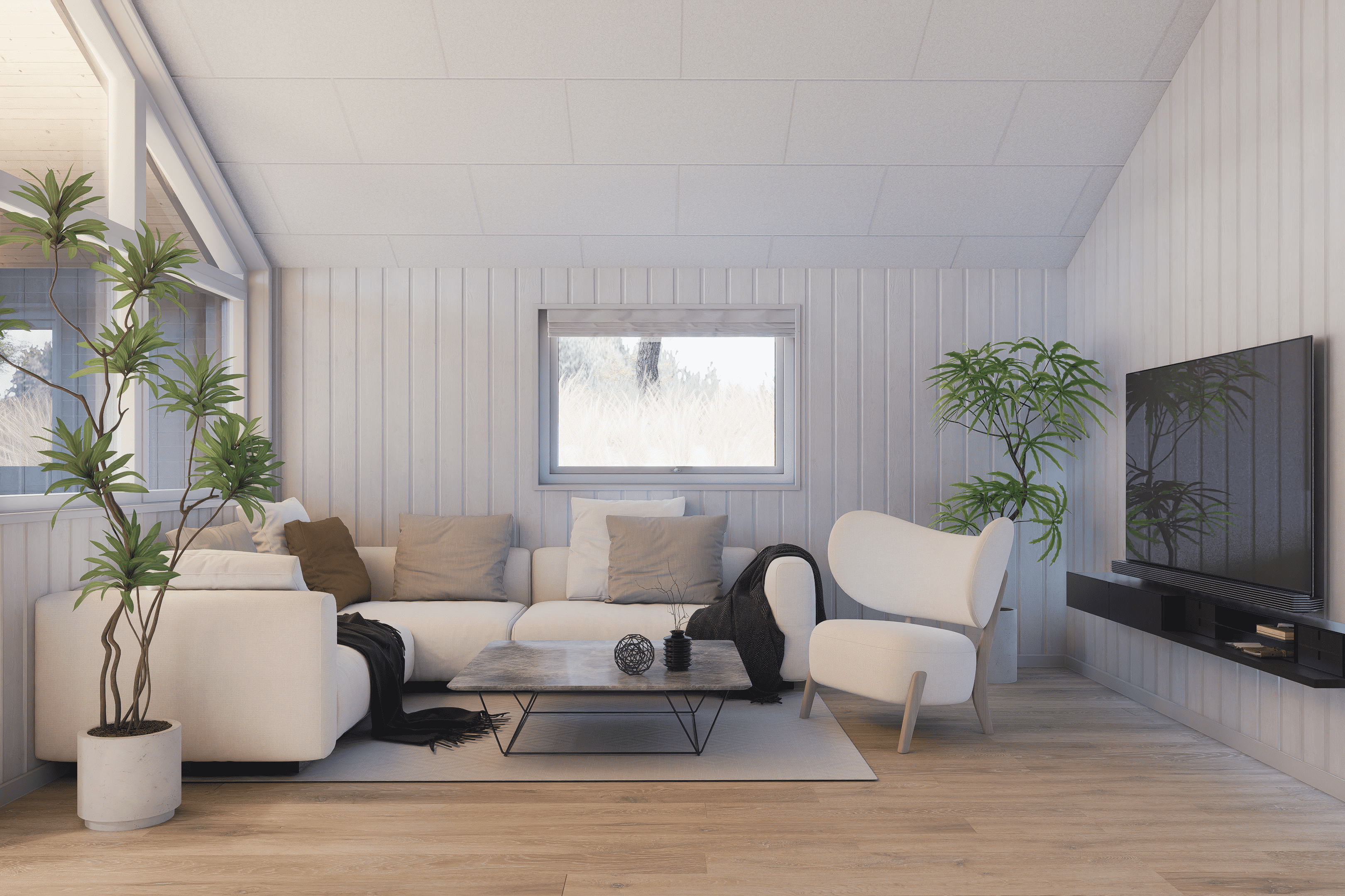 Sofaen i luksushus nr. 931 i Østjylland er perfekt for å hygge seg med et brettspill eller se en film sammen.