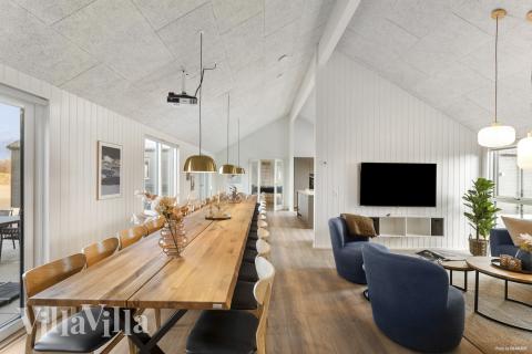 Det er god plass til at 30 personer sitter sammen i feriehusets oppholdsrom under et besøk i luksushus 910 i Lolland/Falster/Møn.