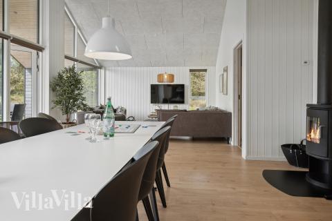 Det er god plass til at 16 personer sitter sammen i feriehusets oppholdsrom under et besøk i luksushus 915 i Fyn og øyer.